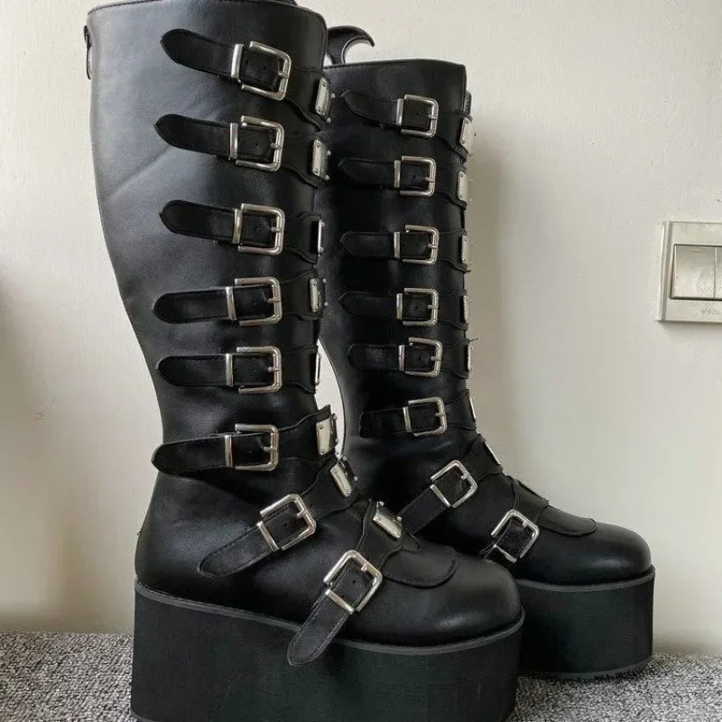 Women Boots Cosplay Ladies High Heel Platform Wedges Women High Boots  Buckle Strap Long Tube Leather Female Boots