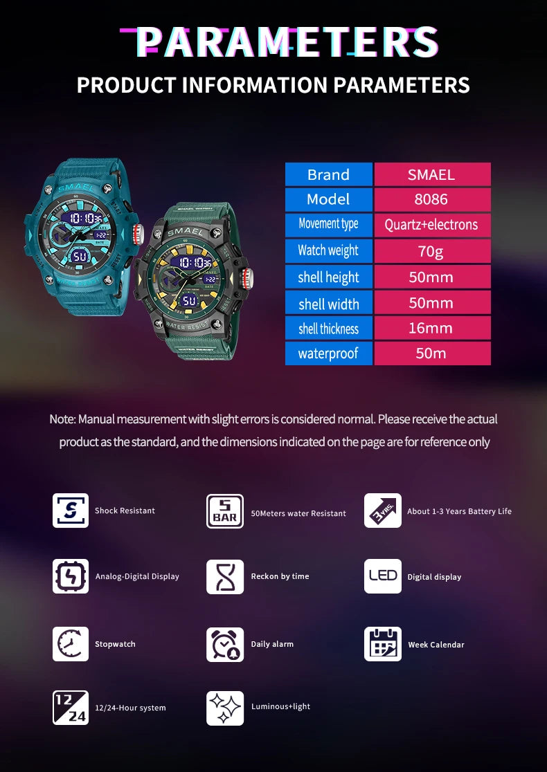 Sport Watches Waterproof SMAEL Brand Dropshipping Watch Stopwatch Alarm Clock 8086 Young Fashion Quartz Wristwatches
