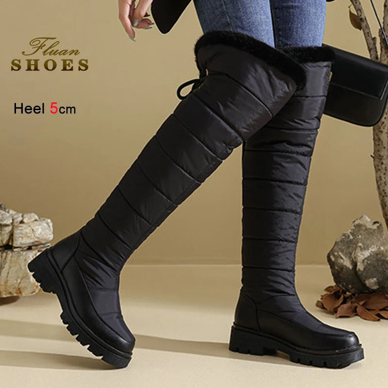 Warm Snow Boots Winter Thick Fleece Lining Women Shoes Waterproof Down Cotton Knee Length Long Boots Lace Up Warm Cotton Shoes
