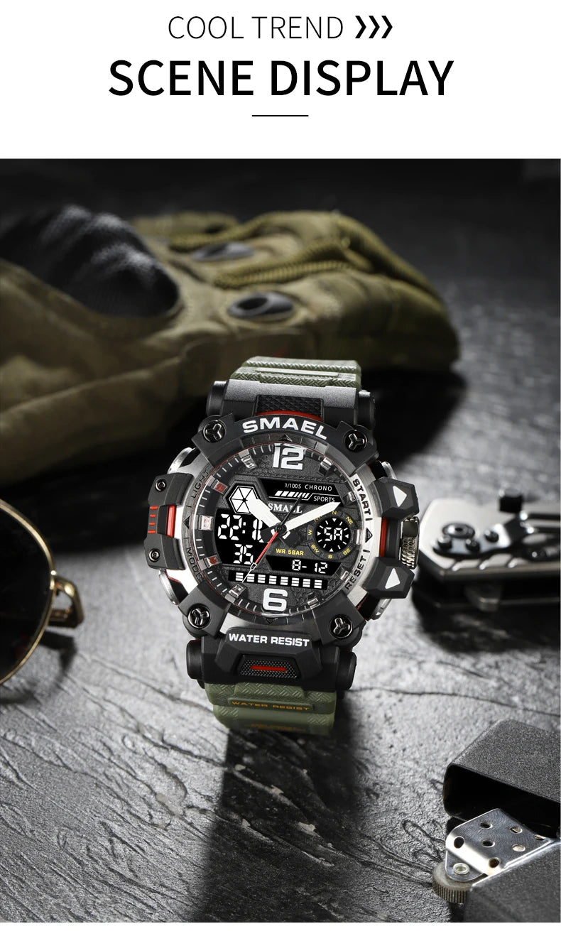 SMAEL Men Watches  50m Waterproof Sports Watch Military Man Sports Watch Digital 8072 Dual Display Watch  Quartz  Led Digital