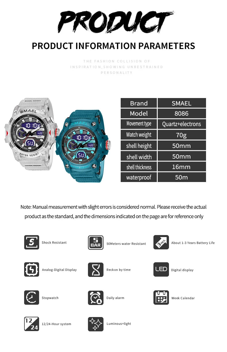 Sport Watches Waterproof SMAEL Brand Dropshipping Watch Stopwatch Alarm Clock 8086 Young Fashion Quartz Wristwatches