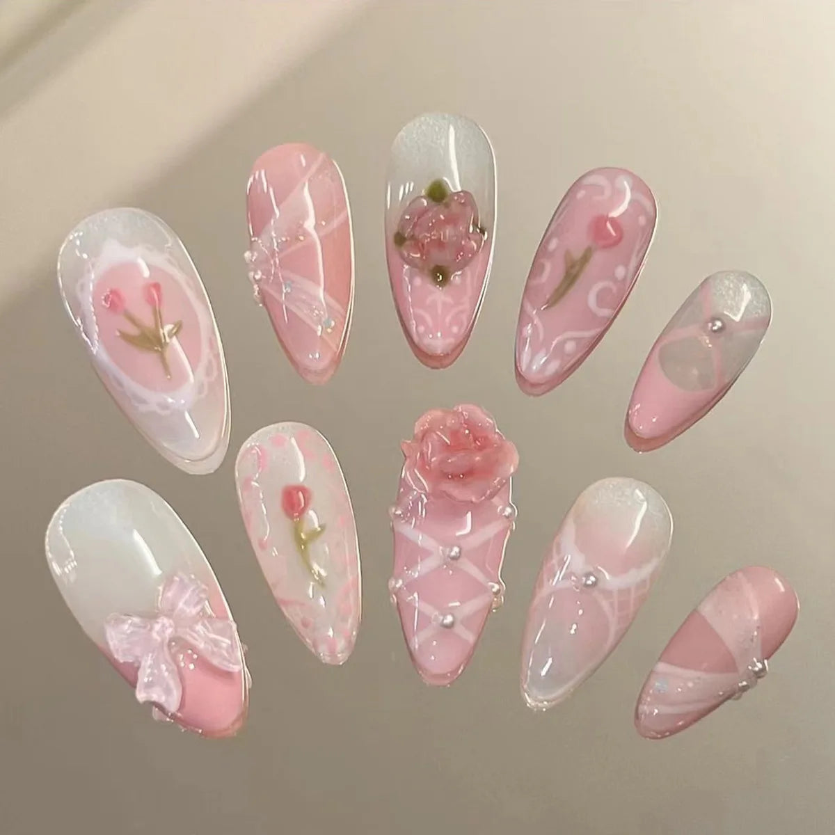 24pcs 3D Pink Flower False Nails Sweet French Almond Fake Nail Patch Full Cover Wearable Hand-painted Butterfly Press on Nails