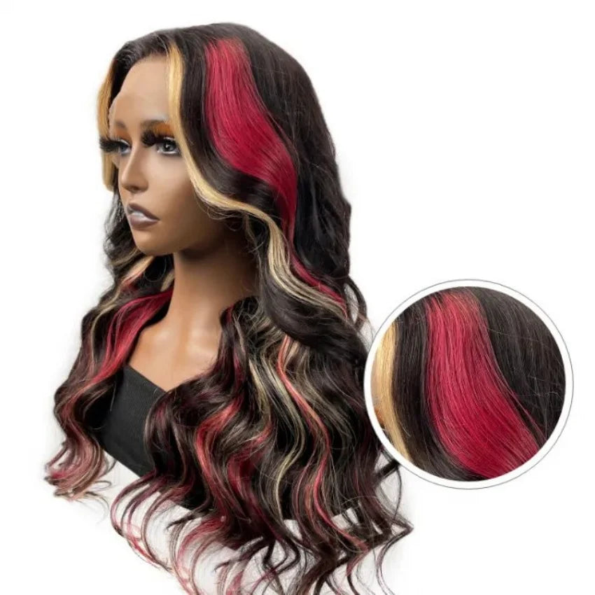 13X6 Lace Front Wig Highlight Black with Red Blonde Wig Synthetic 13x4 Lace Front Wigs Pre Plucked With Hairline Women's Wig