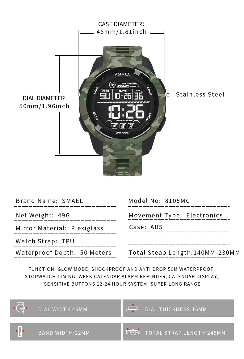 Military Watch Men Sports Watches Digital LED 50M Wateproof 8105C S Shock Resistant Military Watches Amry Men's Wristwatches