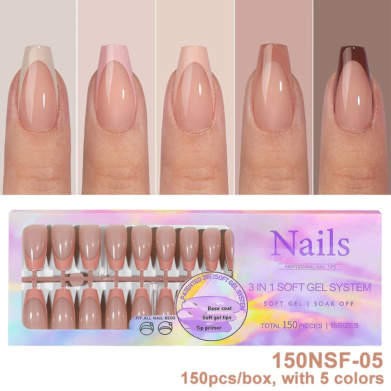 150Pcs/Box Acrylic Press on Nails Full Cover Fake False Tips Soft Gel Extension T-shaped Oval Capsule Almond Sculpted Salon DIY