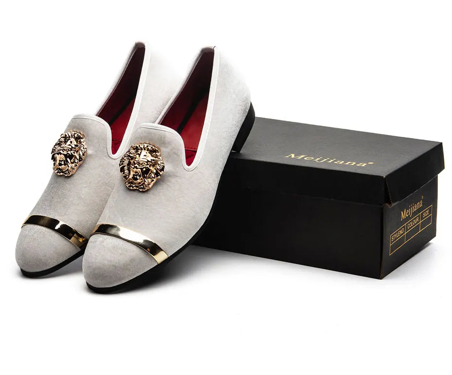 Men Dress Shoes Wedding Party Shoes Loafers Fashion Tiger Gold Metal Men Flats Factory  Big Size 38-47
