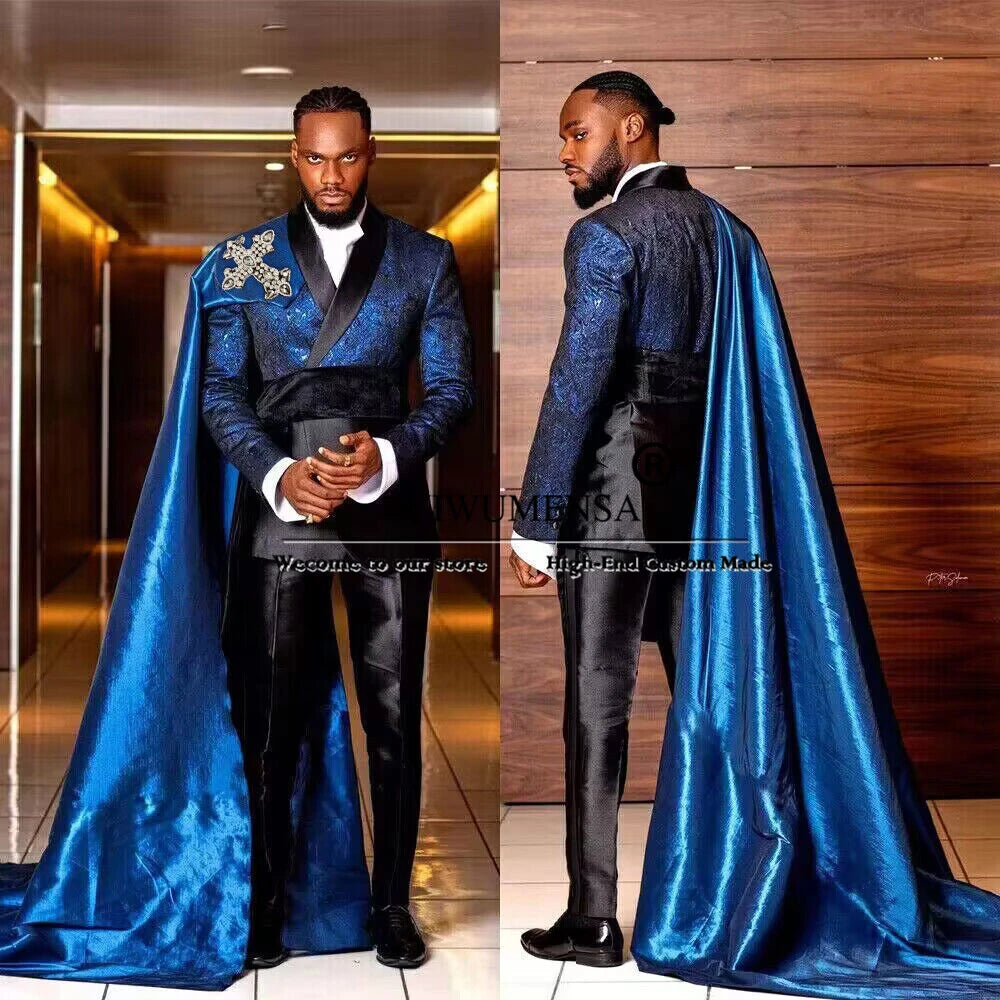 Elegance Suits Men Floral Prom Blazer With Cape Long Customized 2-Piece Set Man Formal Occasion Party Dress Groom Wedding Tuxedo