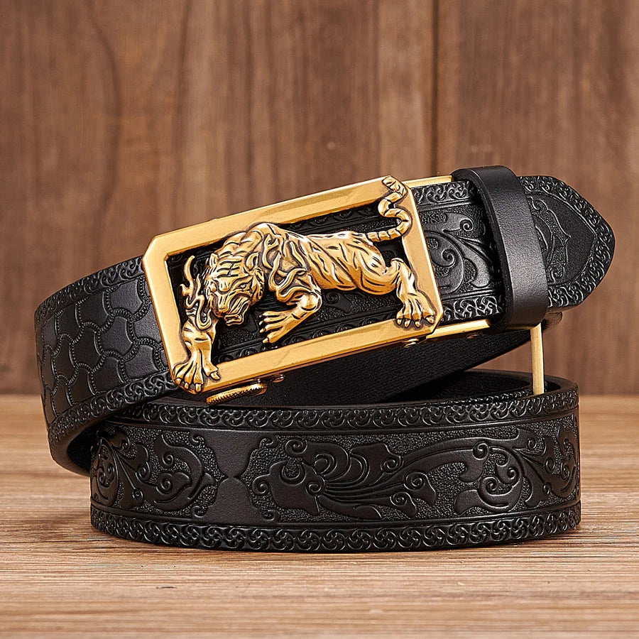 Fashion Tiger Buckle with Tang Grass Pattern Leather Belt for Men Work of Art Belt Automatic Buckle Business Belt