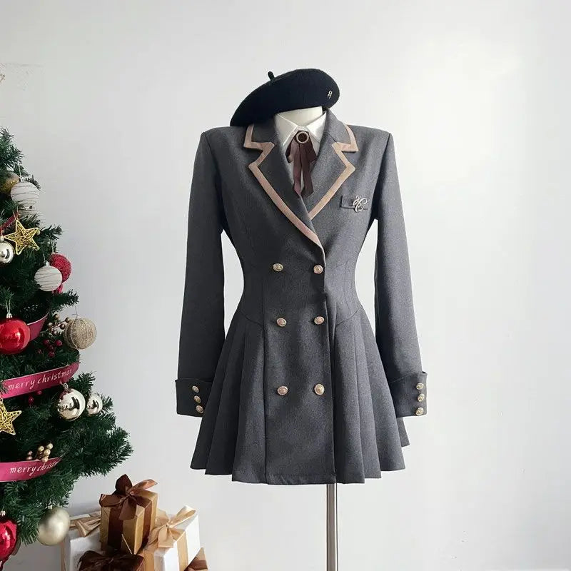 Korean Fashion Woolen Suit Dresses for Women Winter New College Style Sweet Waist up Slim High-end A-line Pleated Mini Dress