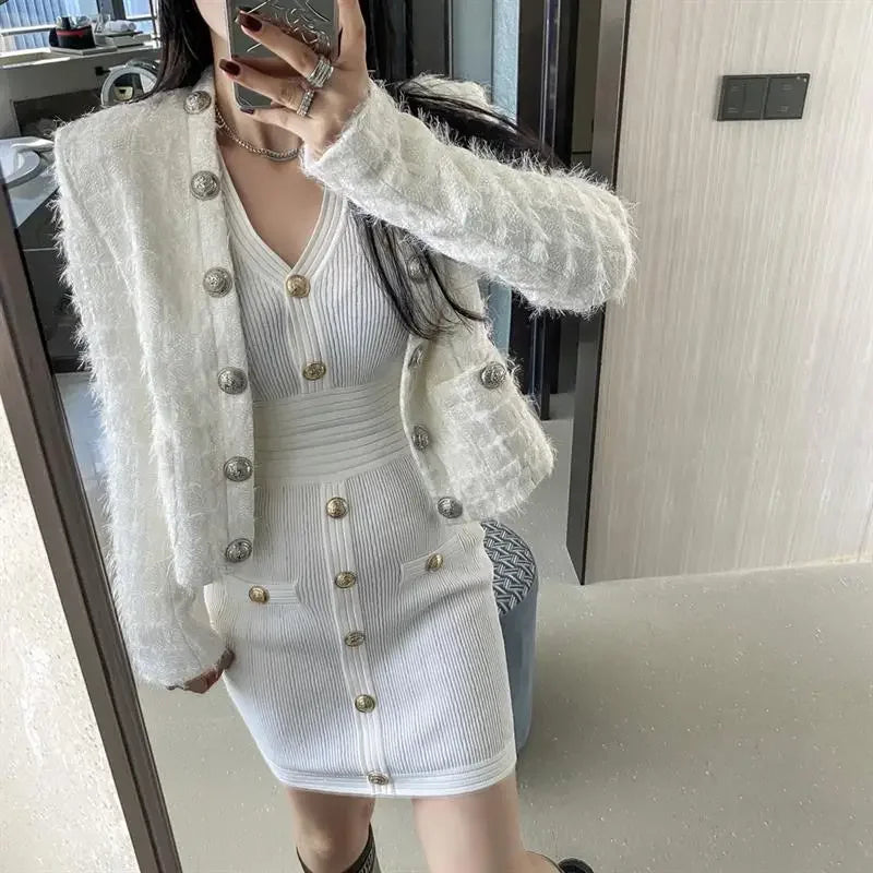 Elegant Long Sleeve Tweed Style Knit Dress Women's Autumn 2023 New V-neck Waist-fitted Slimming Dress Black