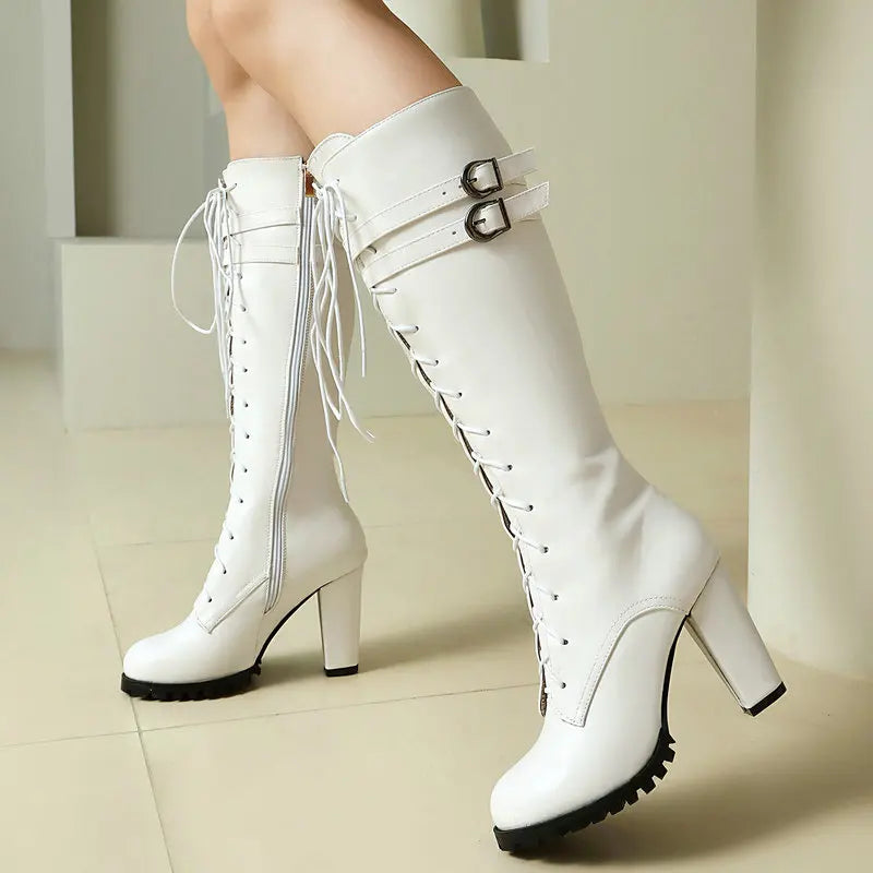2025 Knight Boots Autumn Winter Women Shoes Tall Boots Round Toe Platform Coarse Heel Knee Length Boots Lace Up Lady Long Boots
