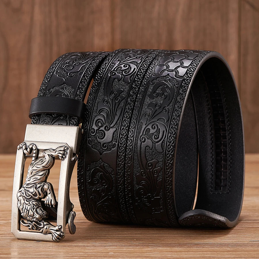 Fashion Tiger Buckle with Tang Grass Pattern Leather Belt for Men Work of Art Belt Automatic Buckle Business Belt