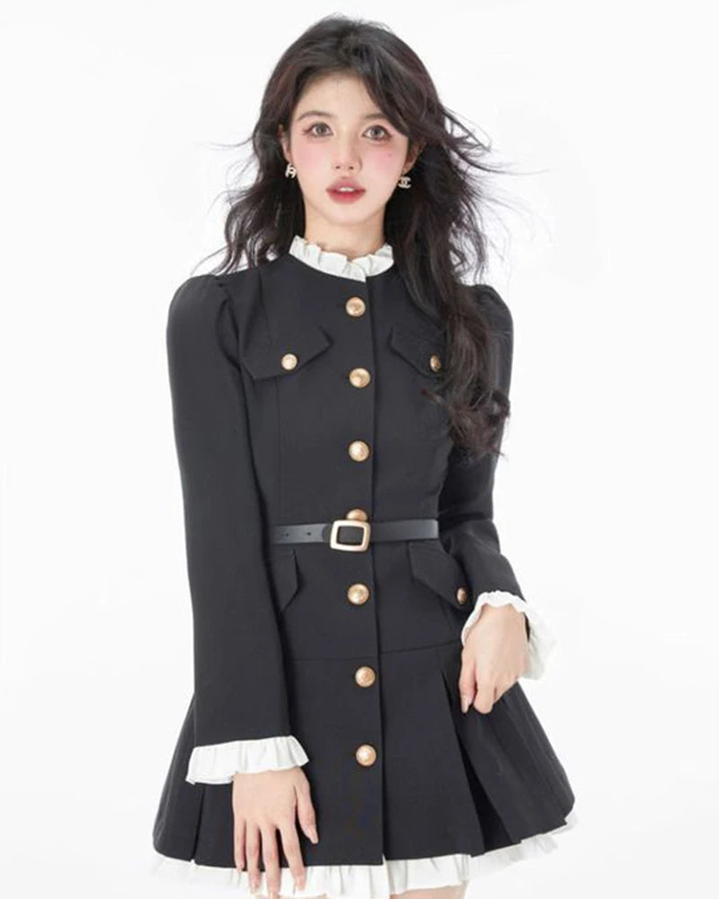 French Fashion Mini Dress Women Small Fragrance Long Sleeve Button Patchwork Suit Dresses Sweet Belt Slim O Neck Chic Vestidos