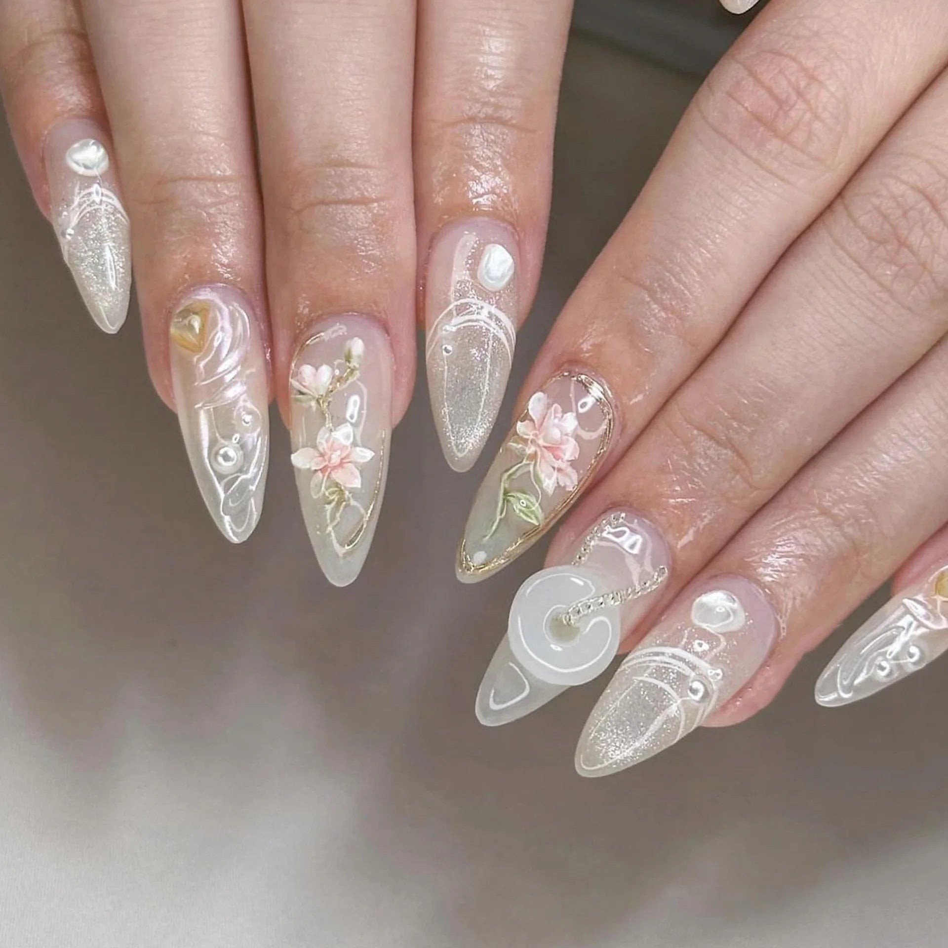 24pcs 3D Pink Flower False Nails Sweet French Almond Fake Nail Patch Full Cover Wearable Hand-painted Butterfly Press on Nails