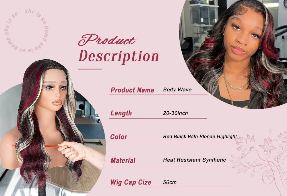 13X6 Lace Front Wig Highlight Black with Red Blonde Wig Synthetic 13x4 Lace Front Wigs Pre Plucked With Hairline Women's Wig