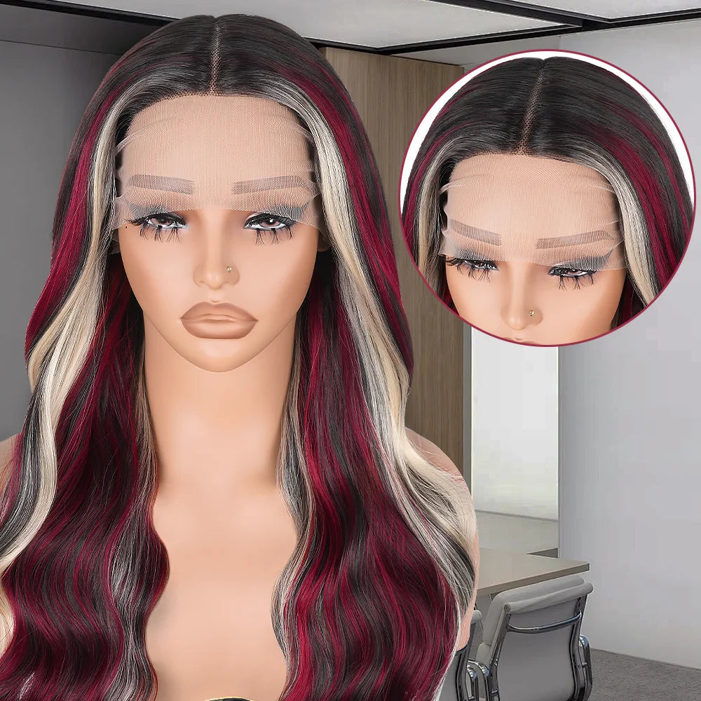 13X6 Lace Front Wig Highlight Black with Red Blonde Wig Synthetic 13x4 Lace Front Wigs Pre Plucked With Hairline Women's Wig