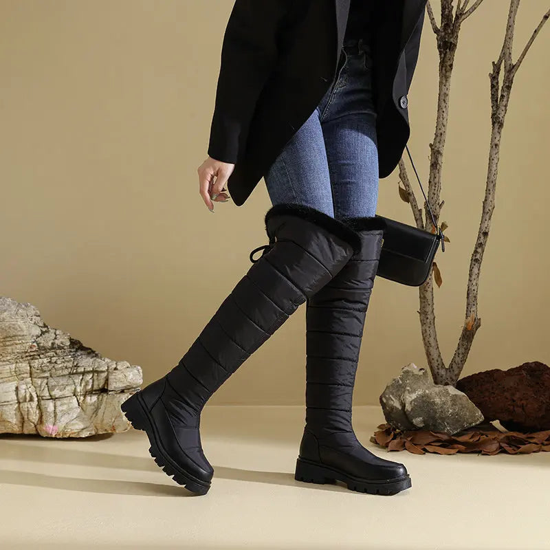 Warm Snow Boots Winter Thick Fleece Lining Women Shoes Waterproof Down Cotton Knee Length Long Boots Lace Up Warm Cotton Shoes