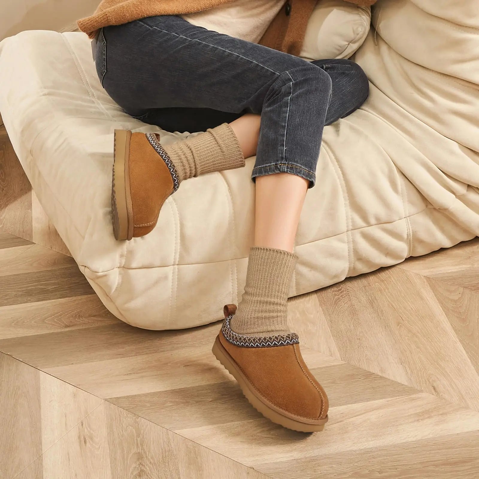 Shevalues Winter Genuine Suede Snow Boots For Women Fuzzy Cozy Warm House Cotton Boots Water Resistant Non-slip Fur Ankle Boots