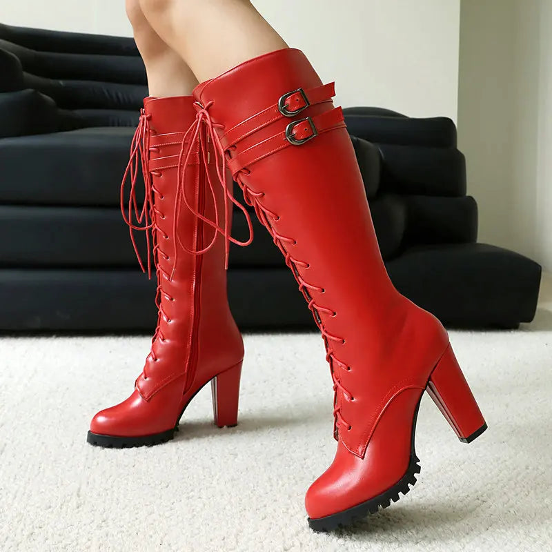 2025 Knight Boots Autumn Winter Women Shoes Tall Boots Round Toe Platform Coarse Heel Knee Length Boots Lace Up Lady Long Boots