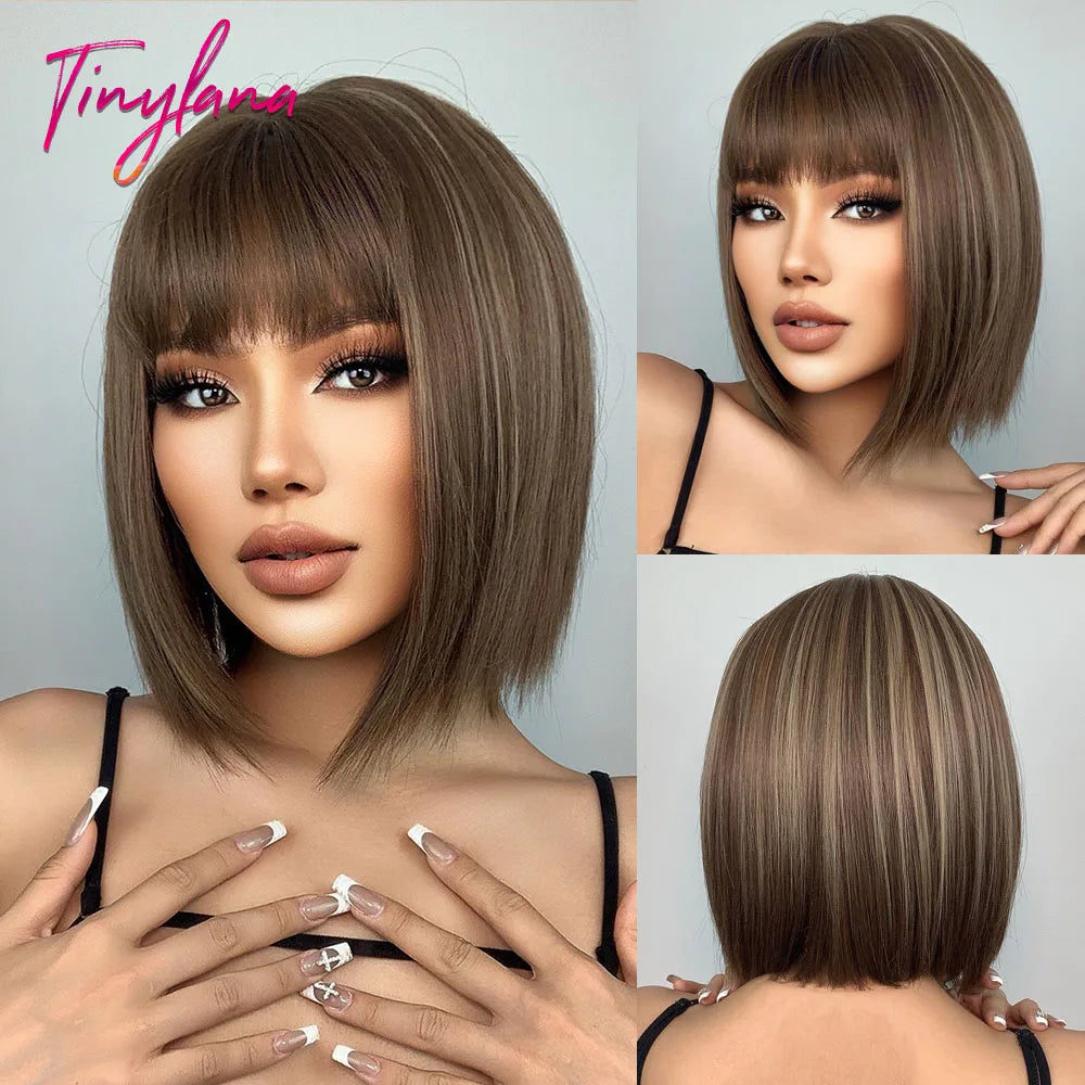 White Blonde Gray Synthetic Wigs with Bangs Short Straight Bob Hair Wig for Women Cosplay Daily Natural Hair Heat Resistant