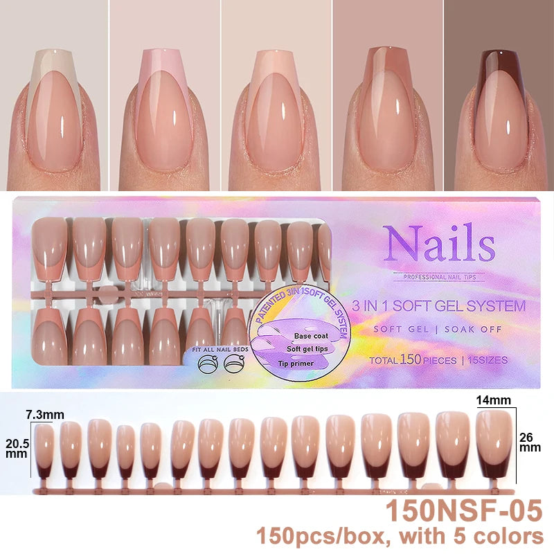 150Pcs/Box Acrylic Press on Nails Full Cover Fake False Tips Soft Gel Extension T-shaped Oval Capsule Almond Sculpted Salon DIY