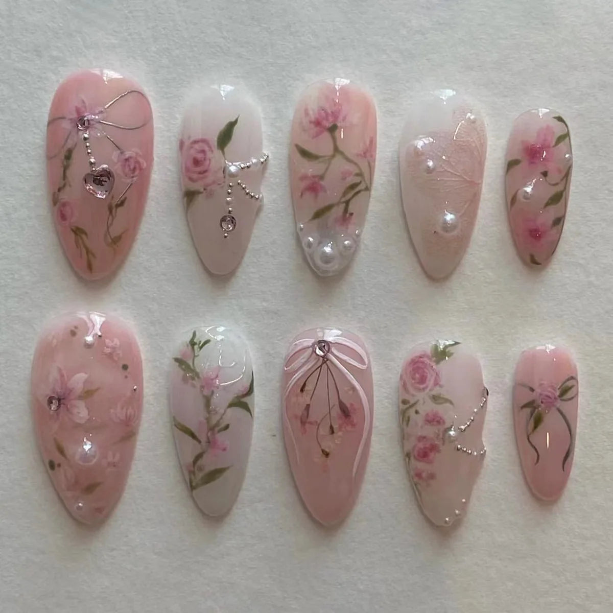 24pcs 3D Pink Flower False Nails Sweet French Almond Fake Nail Patch Full Cover Wearable Hand-painted Butterfly Press on Nails
