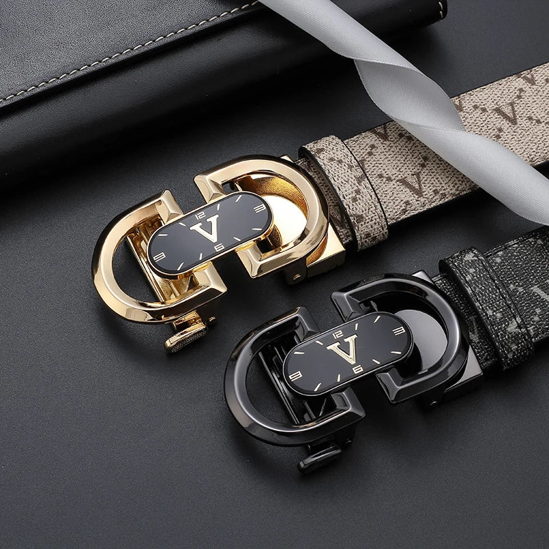 Clock pattern automatic buckle men's belt, fashion letter buckle belt, business casual leather belt, leather suit belt