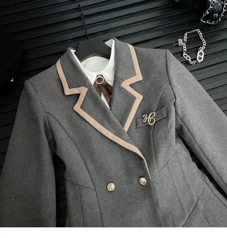 Korean Fashion Woolen Suit Dresses for Women Winter New College Style Sweet Waist up Slim High-end A-line Pleated Mini Dress