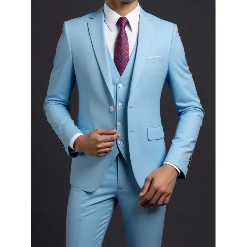 Suit (Blazer+ Vest + Trousers) Men's Fashionable Gentleman Business British Style Solid-color Banquet Host Casual Wedding Suit
