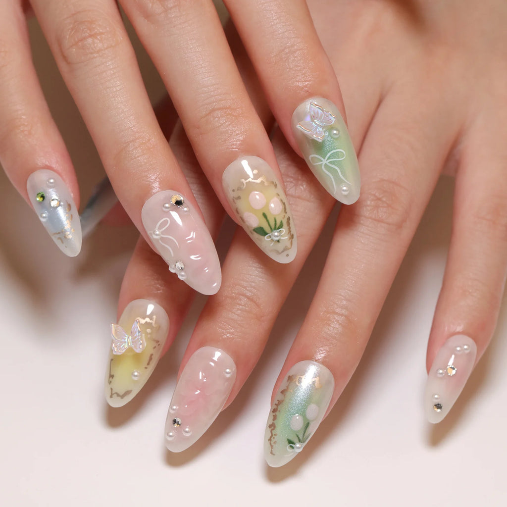 24pcs 3D Pink Flower False Nails Sweet French Almond Fake Nail Patch Full Cover Wearable Hand-painted Butterfly Press on Nails