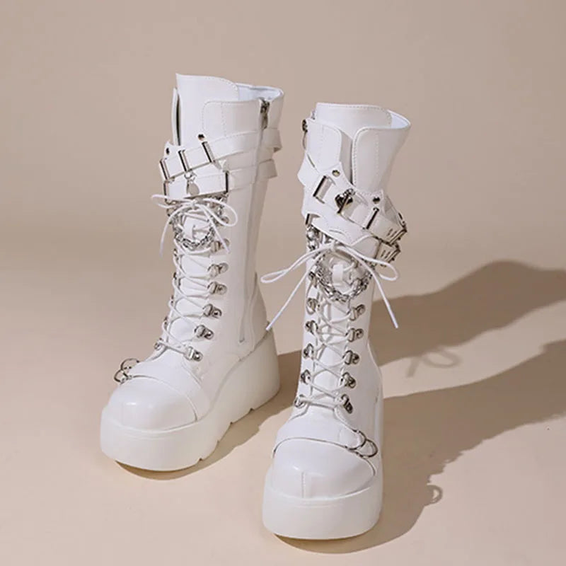 Ladies Platform Boots Fashion Chain Punk Goth Wedges 8cm High Heels Women's Boots Party Street Cosplay Woman Shoes Bota Feminina