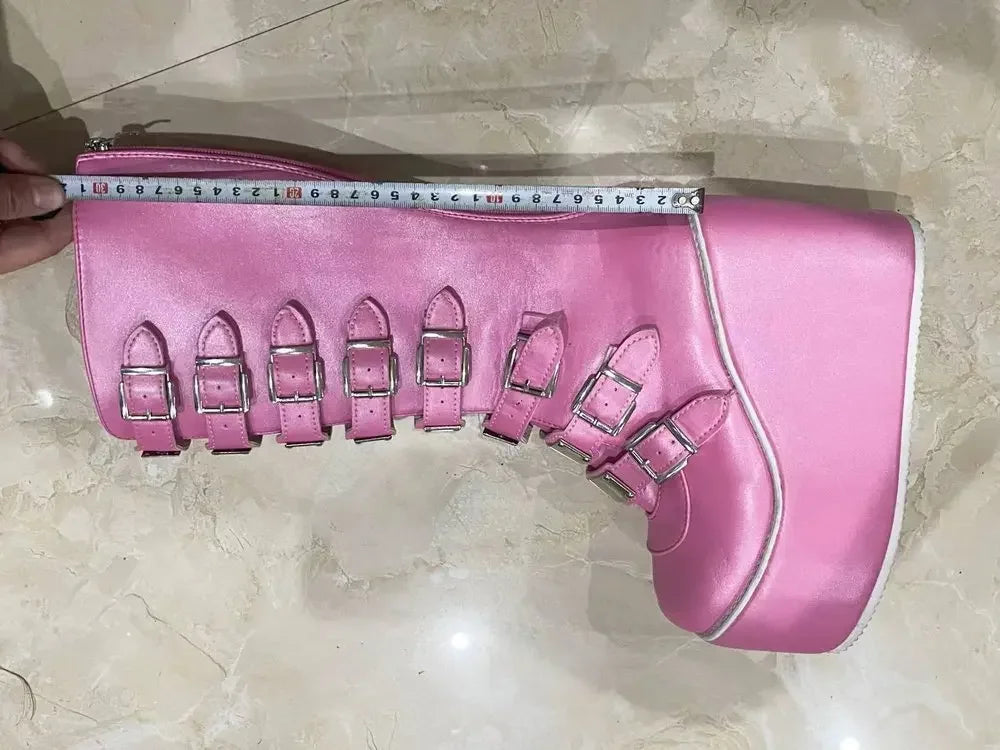Women Boots Cosplay Ladies High Heel Platform Wedges Women High Boots  Buckle Strap Long Tube Leather Female Boots