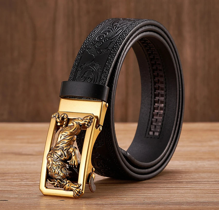 Fashion Tiger Buckle with Tang Grass Pattern Leather Belt for Men Work of Art Belt Automatic Buckle Business Belt