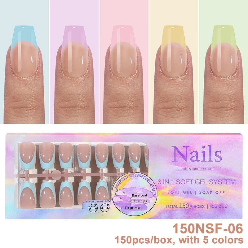 150Pcs/Box Acrylic Press on Nails Full Cover Fake False Tips Soft Gel Extension T-shaped Oval Capsule Almond Sculpted Salon DIY
