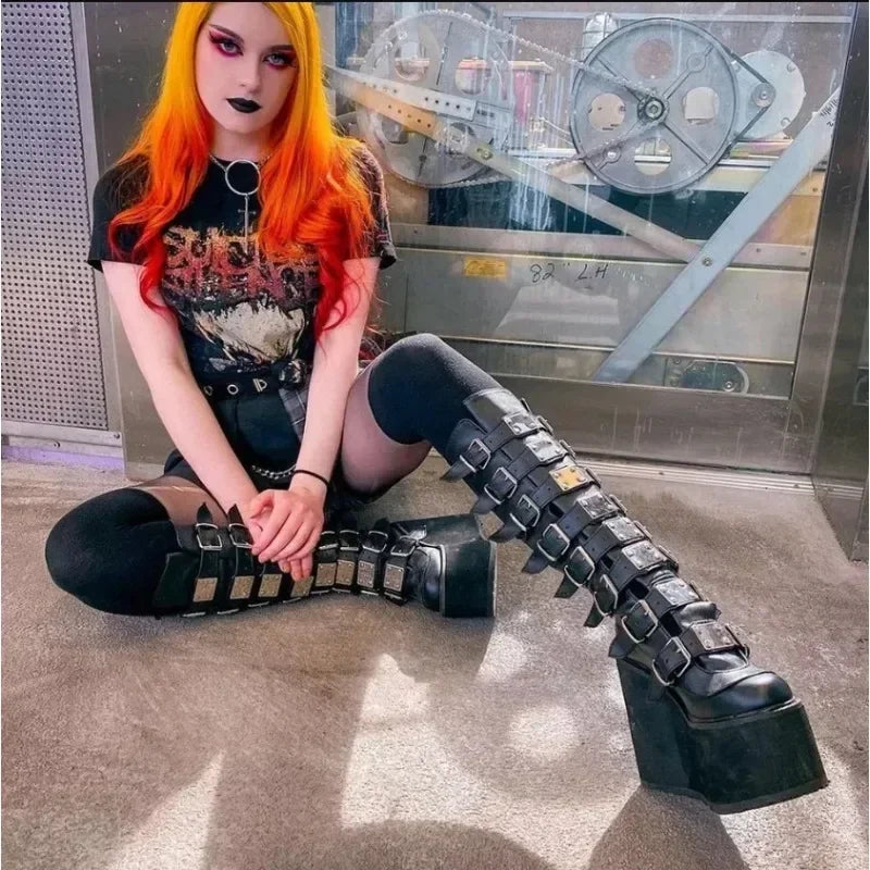 Women Boots Cosplay Ladies High Heel Platform Wedges Women High Boots  Buckle Strap Long Tube Leather Female Boots