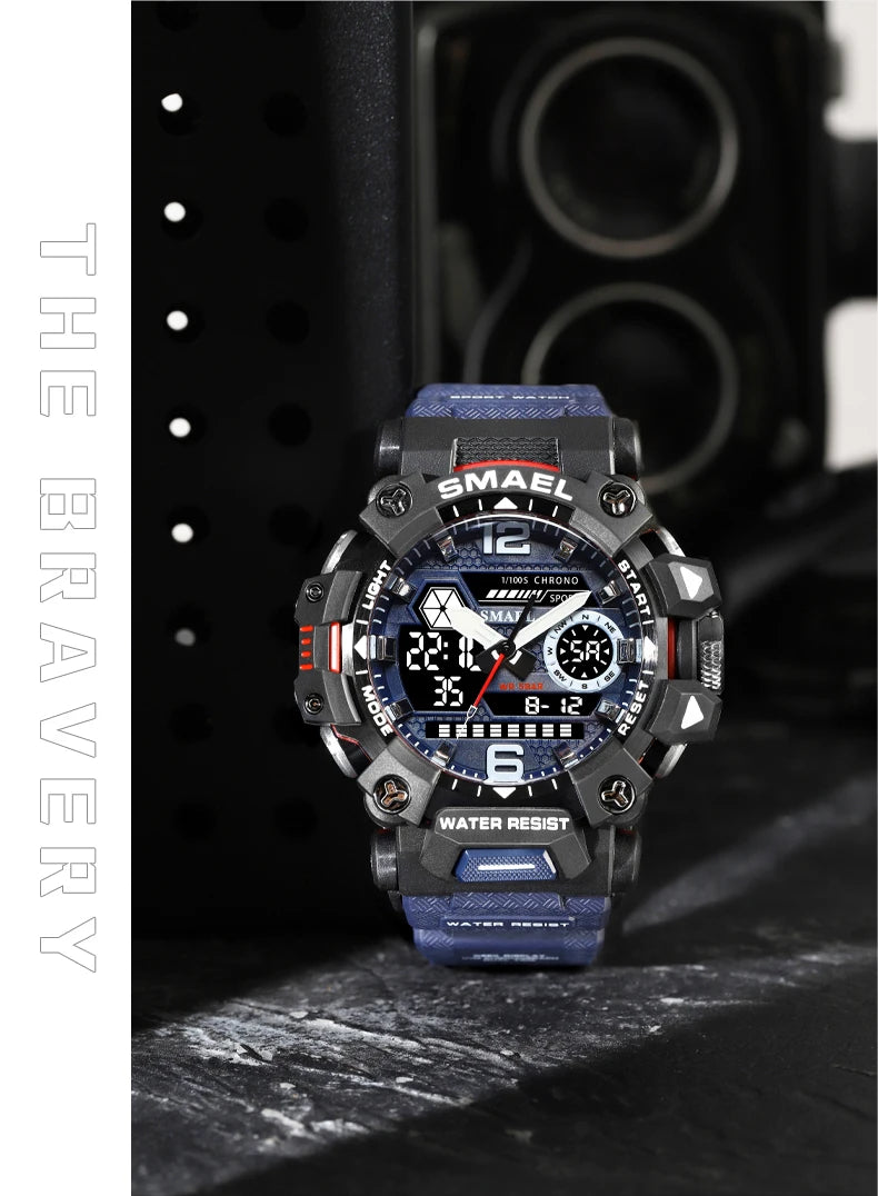SMAEL Men Watches  50m Waterproof Sports Watch Military Man Sports Watch Digital 8072 Dual Display Watch  Quartz  Led Digital