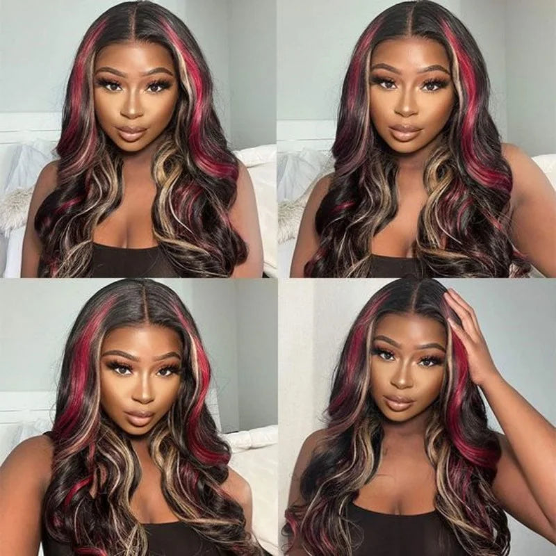 13X6 Lace Front Wig Highlight Black with Red Blonde Wig Synthetic 13x4 Lace Front Wigs Pre Plucked With Hairline Women's Wig