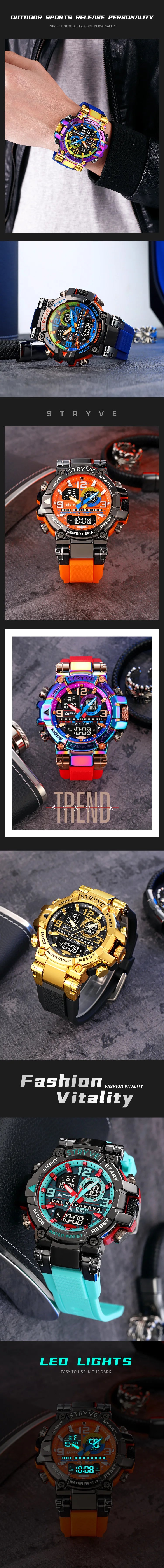 New STRYVE Brand Sports Relojs Hot Men's Digital-Analog Dual Movement Luminous Calendar 5ATM Waterproof Watches 8025 and 8026