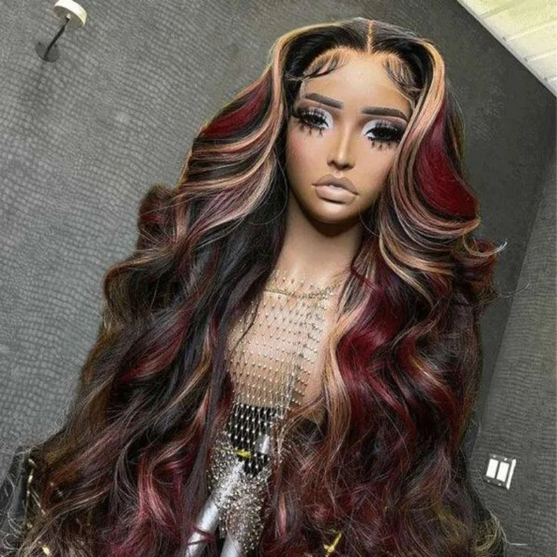 13X6 Lace Front Wig Highlight Black with Red Blonde Wig Synthetic 13x4 Lace Front Wigs Pre Plucked With Hairline Women's Wig