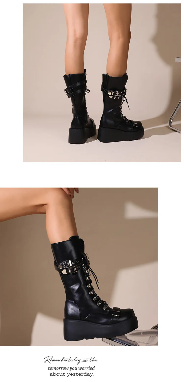 Ladies Platform Boots Fashion Chain Punk Goth Wedges 8cm High Heels Women's Boots Party Street Cosplay Woman Shoes Bota Feminina
