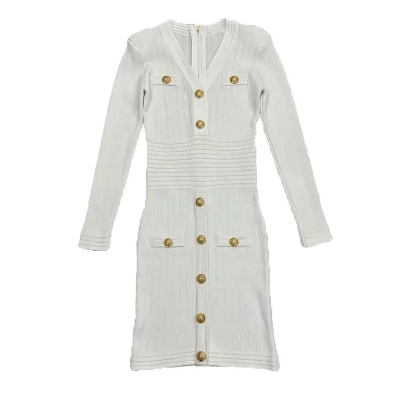 Elegant Long Sleeve Tweed Style Knit Dress Women's Autumn 2023 New V-neck Waist-fitted Slimming Dress Black