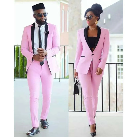 Elegant Couple Pink Suits Luxury Formal Occasion Slim Fit 2 Piece Jacket Pants Sets Customized High Quality Costume Clothing