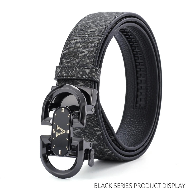 Clock pattern automatic buckle men's belt, fashion letter buckle belt, business casual leather belt, leather suit belt