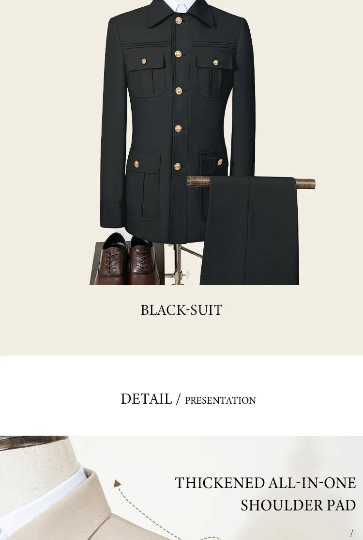 ST Cassy green Elegant Men's suit Classic Fit Multi Buckle Multi Pocket  Casual Business Set Men's 2-piece Set