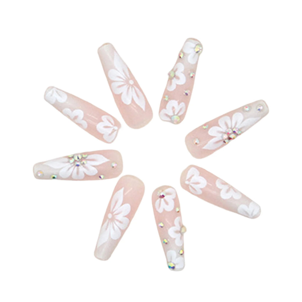Rhinestone Embellished White Fake Nails Long Square UV Gel Cool Color Nails for Dance Parties Weekend Trips Parties