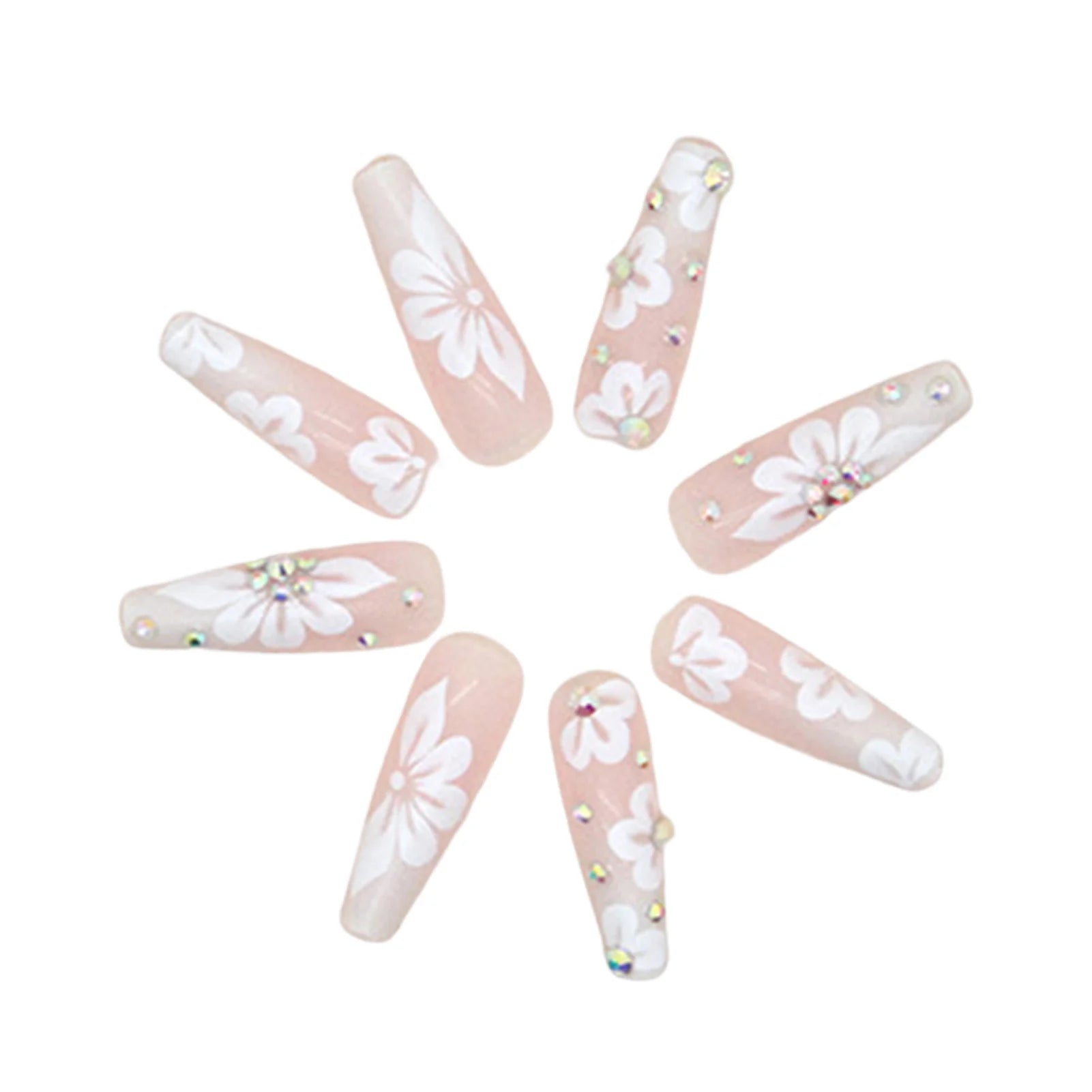 Rhinestone Embellished White Fake Nails Long Square UV Gel Cool Color Nails for Dance Parties Weekend Trips Parties