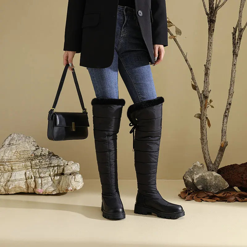 Warm Snow Boots Winter Thick Fleece Lining Women Shoes Waterproof Down Cotton Knee Length Long Boots Lace Up Warm Cotton Shoes