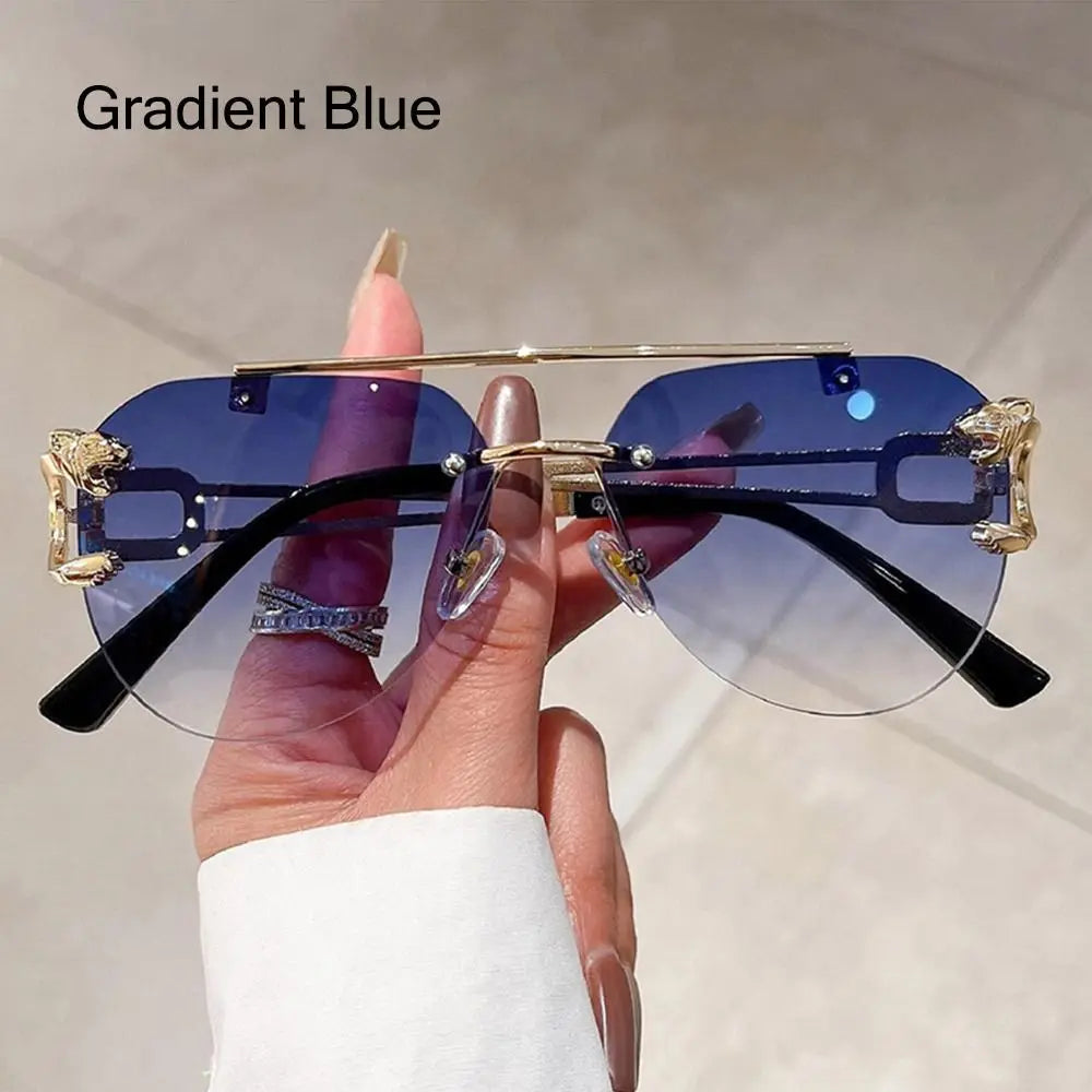 New Rimless Cheetah Decor Sunglasses Gradient UV400 Double Bridge Sun Glasses Shades for Women & Men
