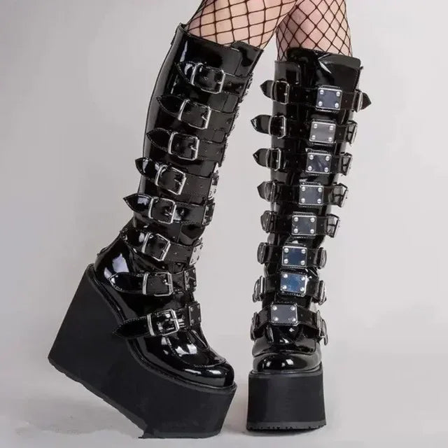 Women Boots Cosplay Ladies High Heel Platform Wedges Women High Boots  Buckle Strap Long Tube Leather Female Boots