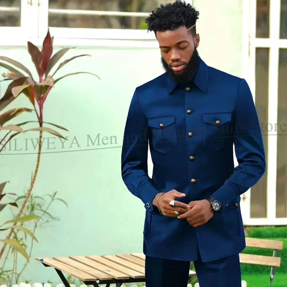 Suits for Men 2 Piece Fashion Stand Collar Single Breasted Suit Solid Color Wedding Tuxedo Business Casual Suit (Jacket+Pants)